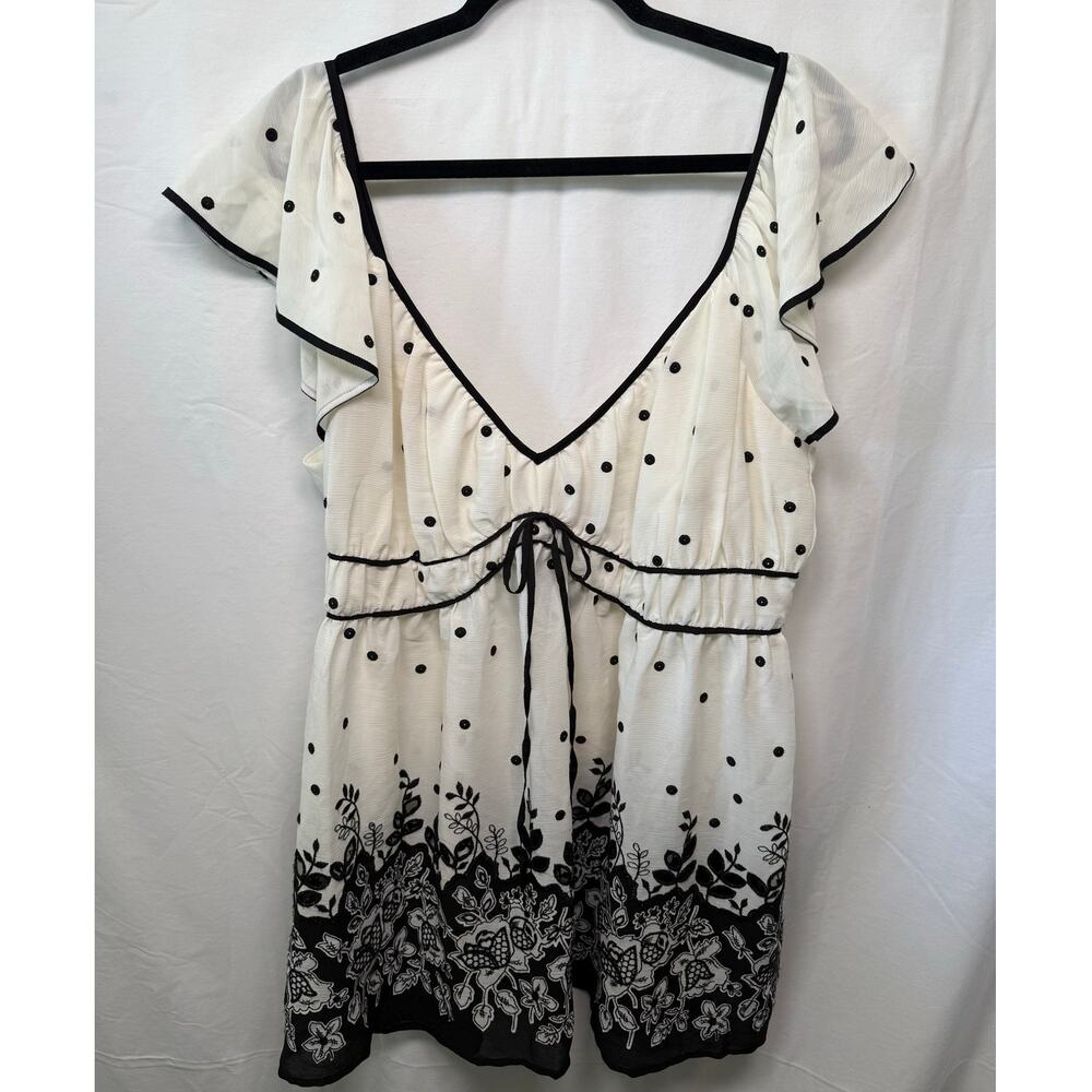 Anthropologie Flutter Sleeve Tie Back Blouse, Black/White, Size XL - NEW